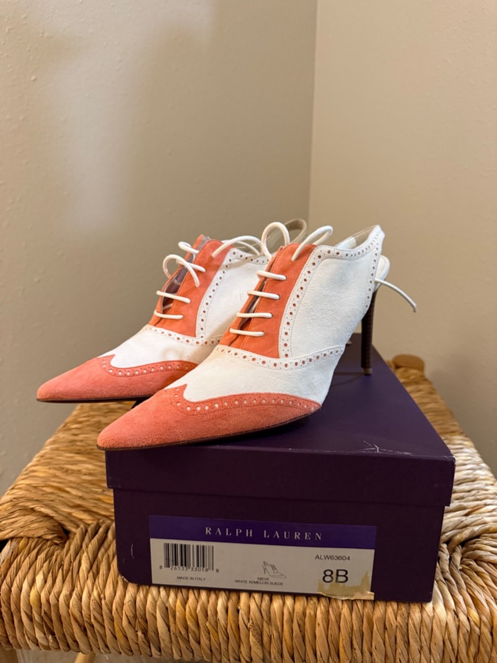 Ralph Lauren Nieve Suede white & melon 4 inch heels women’s shoes Size 8-NWT